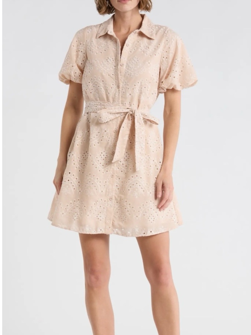 Sam Edelman Beige Embroidered Eyelet Puff Sleeves Tie-Waist Mini Dress Size 8